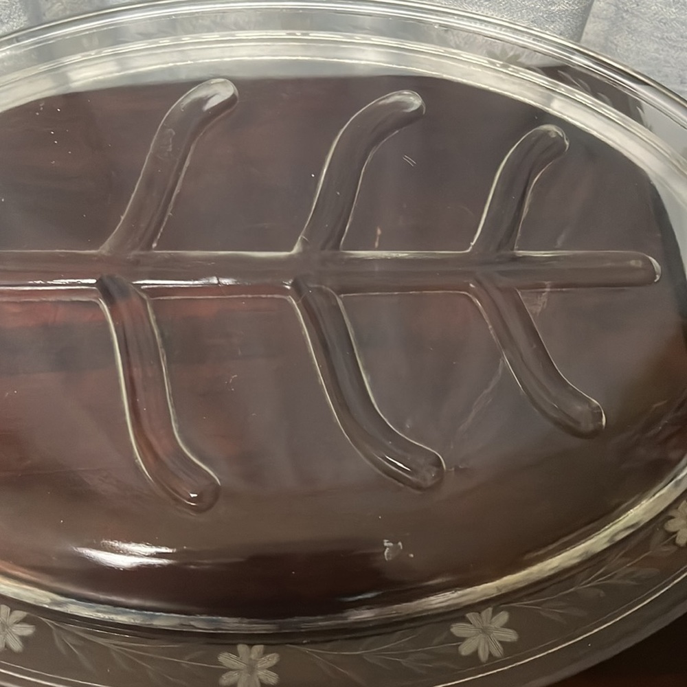 Vintage Glass Pyrex Tree of Life Oval Meat Platter w/ Well 15” x 10 3/4” ca 1936